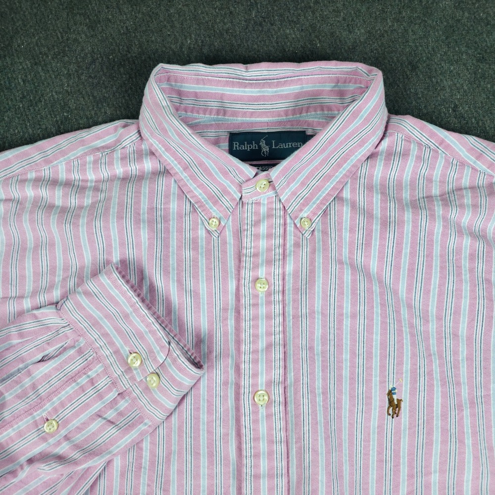 Ralph Lauren Classic Fit Shirt Mens 17.5 34/35 Pink Stripe Oxford Button Down